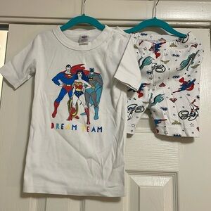 Hanna Andersson justice league pajamas with Batman, Superman and wonder woman.